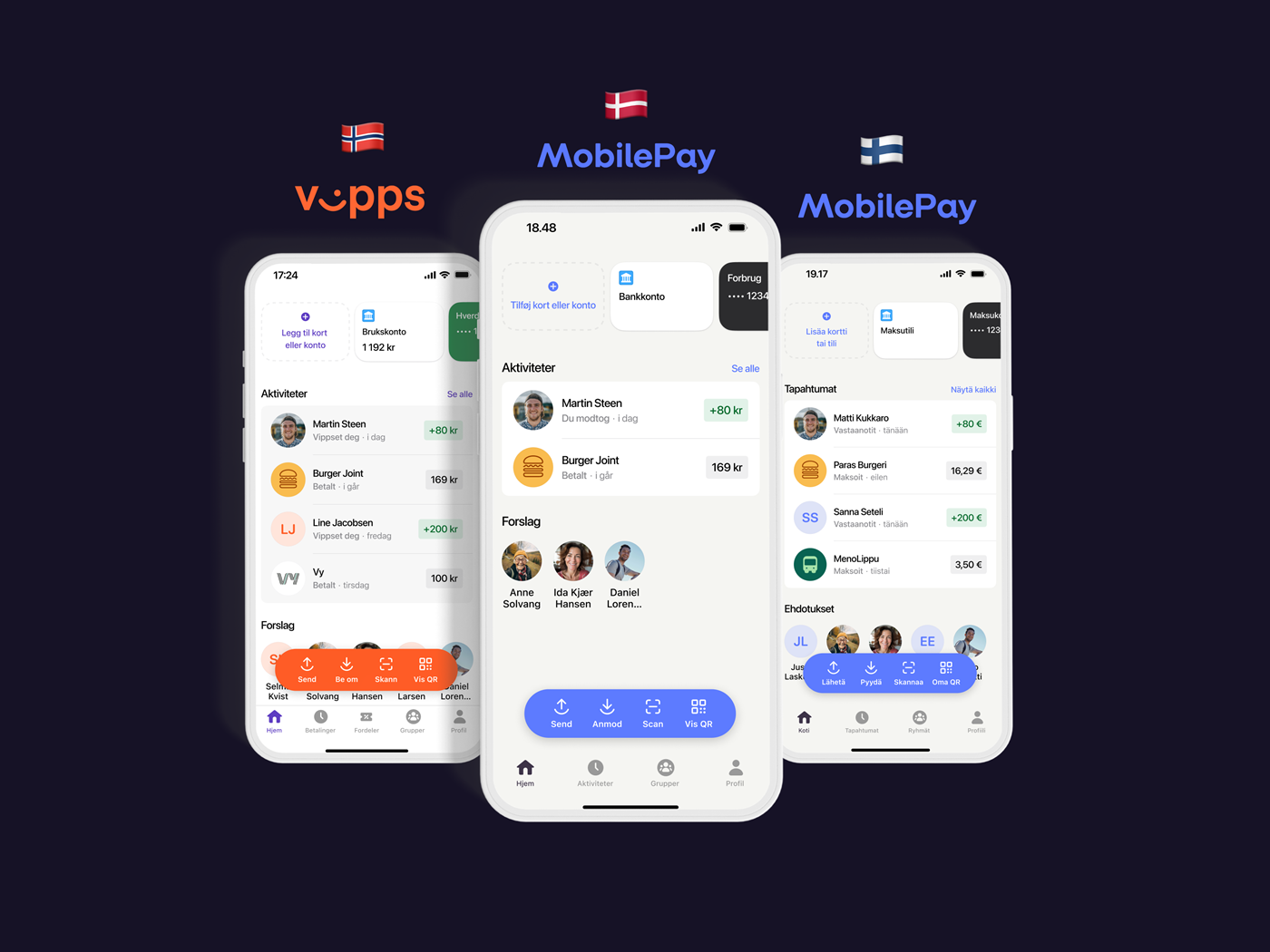 Billede der viser den nye MobilePay app og hvordan den ser ud i Finland og Norge